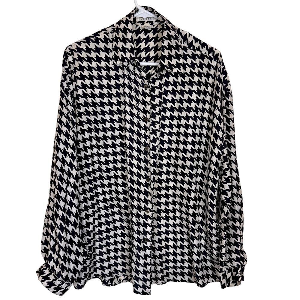Vintage 100% Silk Express Houndstooth Print Button Down Shirt Oversized 90's M - Picture 1 of 9